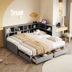 Lit banquette gigogne en bois gris avec rangement tiroirs et prise int�gr�e