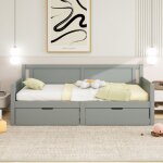 Lit banquette gris en bois avec 2 tiroirs de rangement