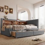 Lit banquette gris en lin avec 2 tiroirs usb - c et rangements int�gr�s