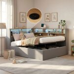 Lit banquette - merax - lit coffre 90x200 - rangement hydraulique - led & usb / type?c - velours gris ...