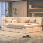 Lit banquette rembourr� 160x200 cm adulte avec sommier � lattes velours sans matelas beige