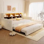 Lit banquette en velours beige avec rangement led et couchage gigogne