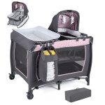 Lit b�b� parapluie avec matelas 5 en 1 costway - berceautable � langer - lit de voyage - jouets suspendusbo�te ...