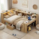 Lit combin� - merax - lit 90x200 cm - led int�gr�e - prise usb / type - c - bureau et rangements