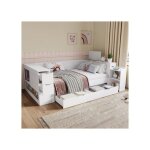 Lit en bois coffre enfant 140x190 cm multifonctionnel tiroirs �tag�res rangement adolescent blanc sans ...