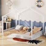 Lit cabane 140x200 cm - lit pour jeune avec sommier � lattes - m�tal - sans matelas - blanc