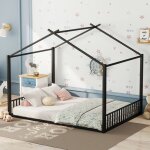 Lit cabane 2 places 140�200 cm structure basse - beauniv - sans matelas m�tal noir pour chambre enfant ...