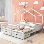 Lit cabane 90x200cm lit double lit enfant lit b�b� avec 2 mdf tiroirs sommier � lattes en pin blanc sans ...