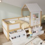 Lit cabane - blanc + naturel - 90x200cm - 4 tiroirs - petit escalier - bois massif