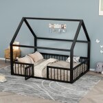 Lit cabane lit double 140�200 cm avec barri�re de s�curit� et portillon sans matelas en m�tal noir