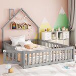 Lit cabane enfant 140�190 cm design maison sommier � lattes avec barri�res de s�curit� sans matelas gris ...