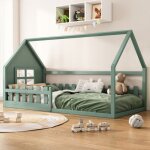 Lit cabane pour enfant 90 x 200 cm lit pour enfant au sol en forme de maison avec barri�res de s�curit� ...