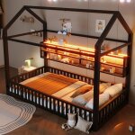 Lit cabane enfant 90x200cm avec barri�re de protection et �clairage ledlit au sol enfant avec �tag�re ...