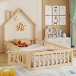 Lit cabane enfant 90x200cm lit simple en bois design maison avec chemin�e toit porte cl�ture et sommiers ...