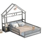 Lits cabane enfants avec barri�res - chevets int�gr�s - design s�curis� - gris 140x190cm - lits plats ...