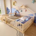 Lit cabane enfant en bois 2 personnes 140�190 cmsommier � lattes barri�res de s�curit� sans matelas naturel ...