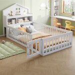 Lit cabane enfant en bois 90�200 cm 2 �tag�res barri�re de s�curit� avec planche � dessin sans matelas ...