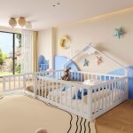Lit cabane / lit enfant - merax - lit �volutif 140x190 - pin blanc - barri�re de s�curit� - sommier inclus ...