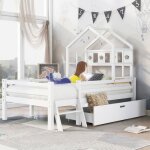 Lit cabane enfant mi - hauteur 90x200 en bois blanc avec �chelle tiroir de rangement et barri�res de ...