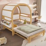 Lit cabane enfant avec toit vo�t� lit gigogne extensible et tablette lat�rale blanc + naturel