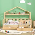 Lit cabane maisentiel bois naturel 90x200 - lit enfant en pin massif style scandinave avec tiroirs et ...