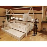 Lit cabane maison pour enfants avec barrières et tiroir - couleur blanc - 140x70cm - en bois Lit cabane maison pour enfants avec barrières et tiroir - couleur blanc - 140x70cm - en bois