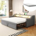 Lit canap� capitonn� gris clair 90 / 180x190cm gigogne rangement multifonction led + prise usb sommier ...