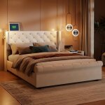 Lit coffre - moderne - beige - 140 x 190 cm - t�te de lit avec 2 liseuses - grande capacit� de rangement ...