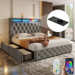 Lit capitonn� 140x190 cm lit double rembourr� en velours avec �clairage led prise usb 4 tiroirs et sommiers ...