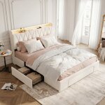 Lit capitonn� 140x200 cm lit adulte 2 places avec led port usb / type - c et 3 tiroirs - velours beige. ...