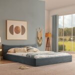 Lit capitonn� 140x200 tissu velours c�tel� lit double t�te lit �l�gante petits d�tails c�t�s bois structure ...