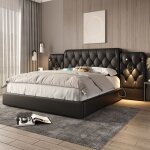 Lit capitonn� 160x200 cm noir en pu avec t�te de lit allong�e lampes de lecture usb - c et v�rins hydrauliques ...