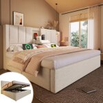 Lit capitonn� 160x200 cm avec rangement hydraulique lit coffre avec t�te de lit amovible porte - gobelet ...