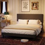 Lit capitonn� 160x200 cm t�te de lit r�glable en lin lit adulte avec sommier � lattes en bois 2 personne ...