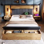 Lit capitonn� 160x200cm lit double avec liseuse et port usb - c lit 2 places table de chevet et banc ...