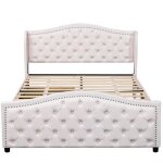 Lit capitonn 180 x 200 cm avec tiroirs et tte de lit rivete bois & simili cuir - blanc