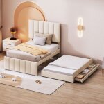 Lit capitonn� 90 x 200 cm lit gigogne avec tiroirs de rangement beige