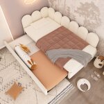 Lit capitonn� 90x200 avec lit gigogne 90x190 velours beige sommier � lattes sans matelas