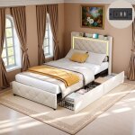 Lit capitonn� 90x200 lit simple rembourr� avec led usb&type - c avec 2 tiroirs rangement cadre de lit ...