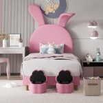 Lit capitonn� 90x200 velours rose avec led sommier � lattes 2 tabourets de rangement ? sans matelas