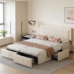 Lit capitonn� 160x200cm avec �clairage led lit double avec 4 tiroirs et t�te de lit r�glable sommier ...