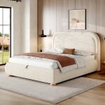 Lit capitonn� double 140x190 cm sommier lattes t�te rembourr�e tissu beige r�glage hydraulique grand ...