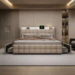 Lit capitonn� double 180x200 cm avec sommier et 4 tiroirs - lit coffre avec rangement - led et usb - ...