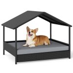 Lit pour chien en rotin pe costway lit sur�lev� avec coussin amovible gris cadre en m�tal toit imperm�able ...