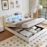 Lit coffre 140 x 200 cm lit double avec sommier rangement dans la t�te de lit capitonn� led et multiprise ...