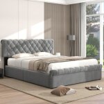 Lit coffre 140 x 200 cm lit rembourr lit double en velours doux pour la peau gris
