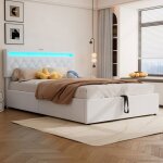 Lit coffre 140x190 - aak - lin blanc - t�te de lit avec led et usb - cadre de lit avec sommier � lattes ...