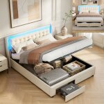 Lit coffre 140x190 cm avec 2 tiroirs t�te de lit avec �clairage led cadre de lit 140 x 190 avec sommier ...