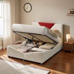 Lit coffre 140x190 cm - lit double adulte - tissu velours beige - led int�gr�e - design moderne
