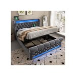 Lit coffre 140x190 cm - lit double - avac t�te de lit avec led chargement usb et type c - en velours ...